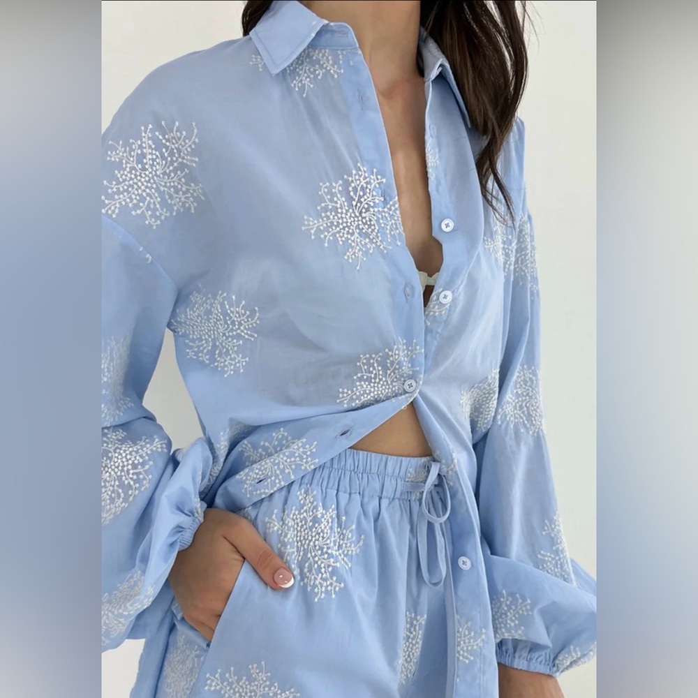 Commense Blue Semi-Sheer Plant Embroidery Casual Shorts Set - Large